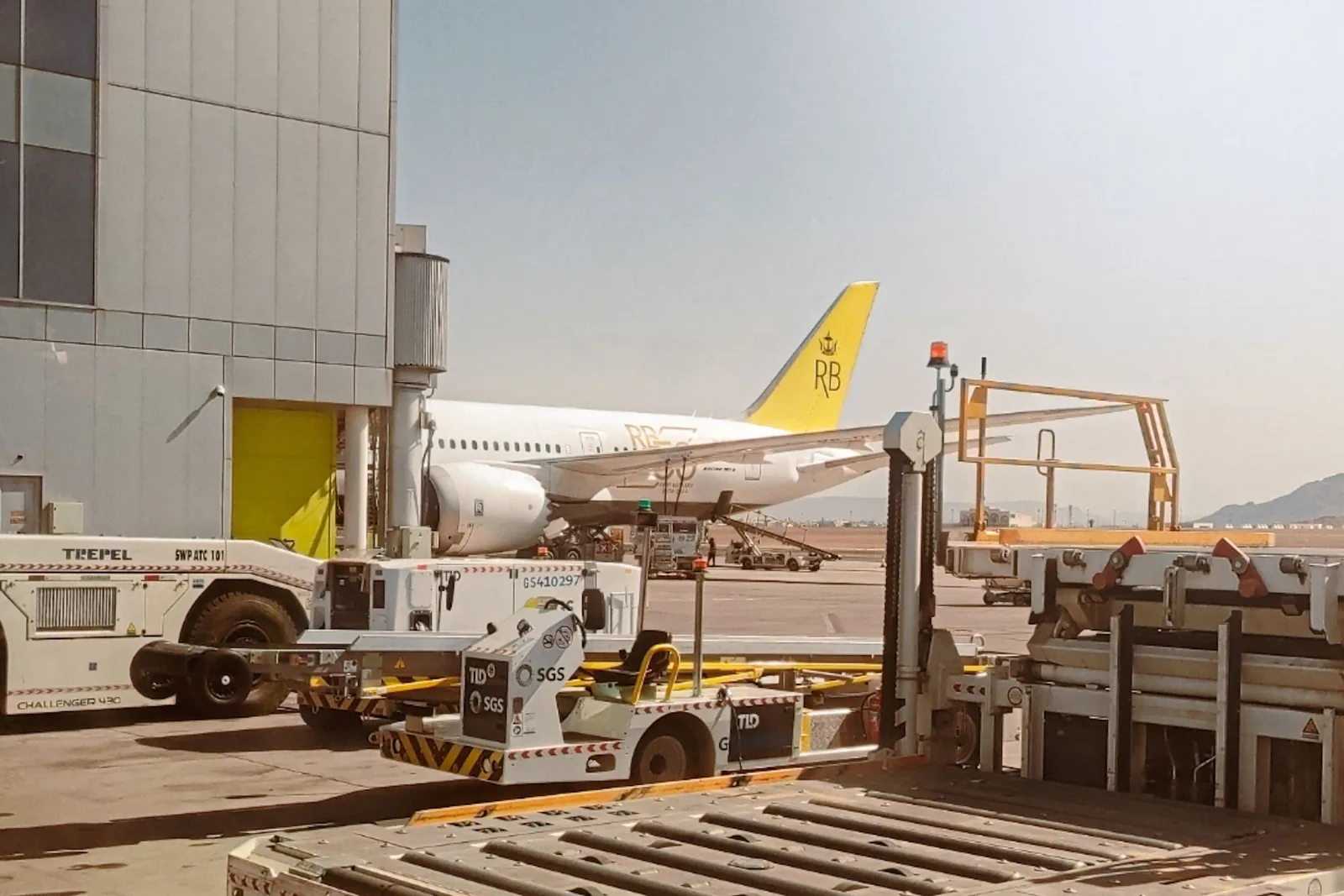 Passenger aircraft and luggage equipment at an airport departure gate