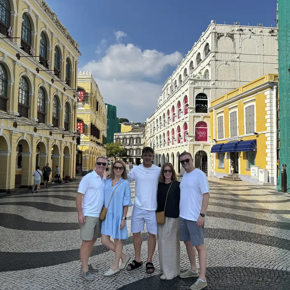 Travellers in Senado Square on a southern China itinerary