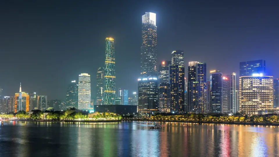 Guangzhou business district beside the Pearl River at night