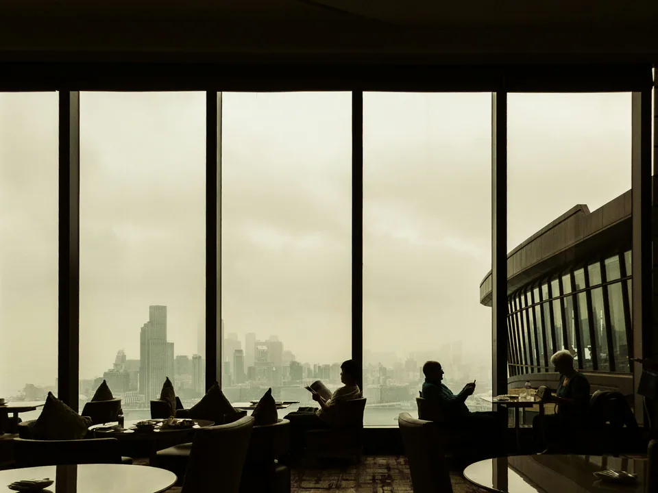 Hong Kong skyline viewed from a café high above the city