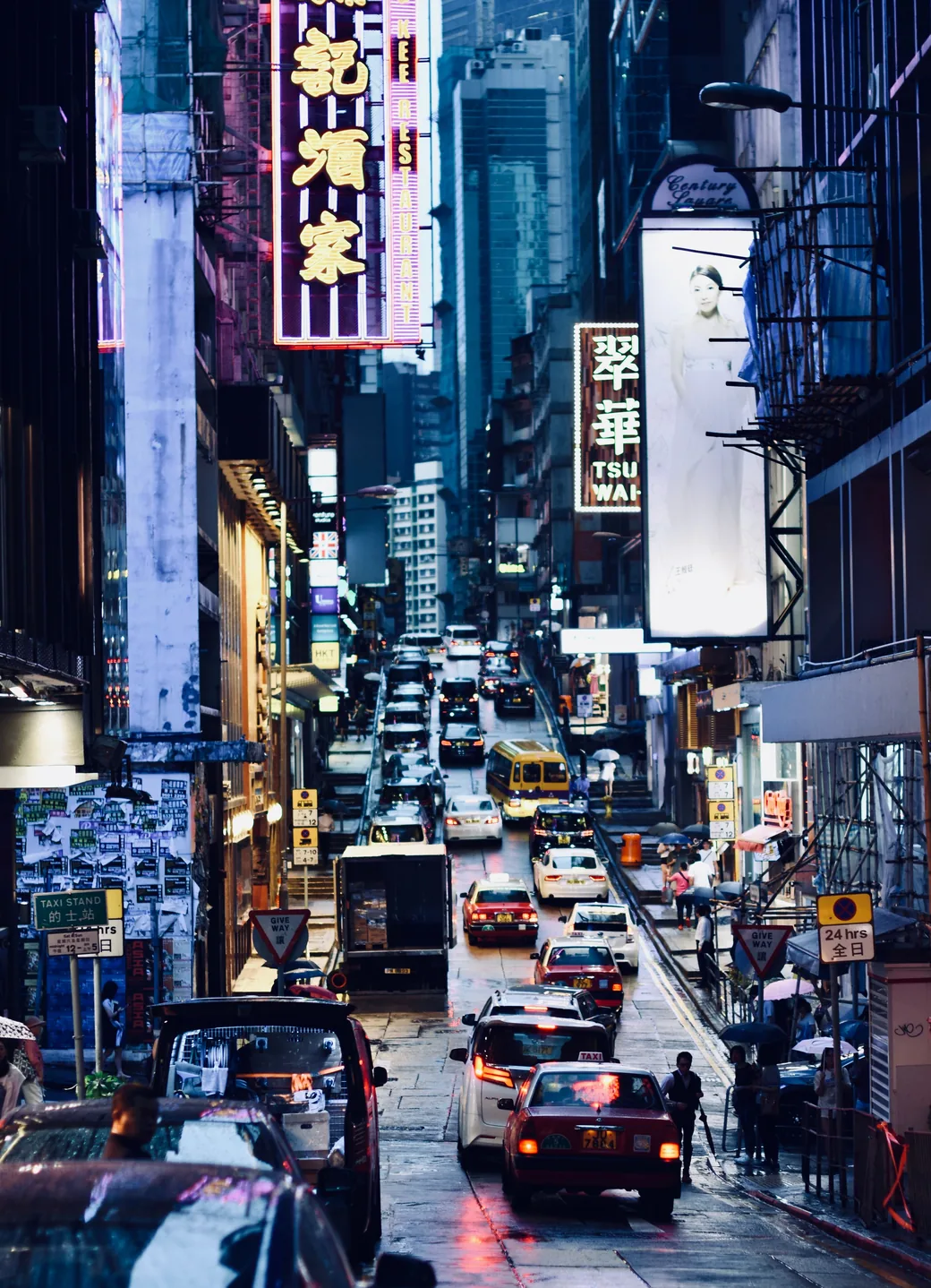 Neon-lit street in Hong Kong at night